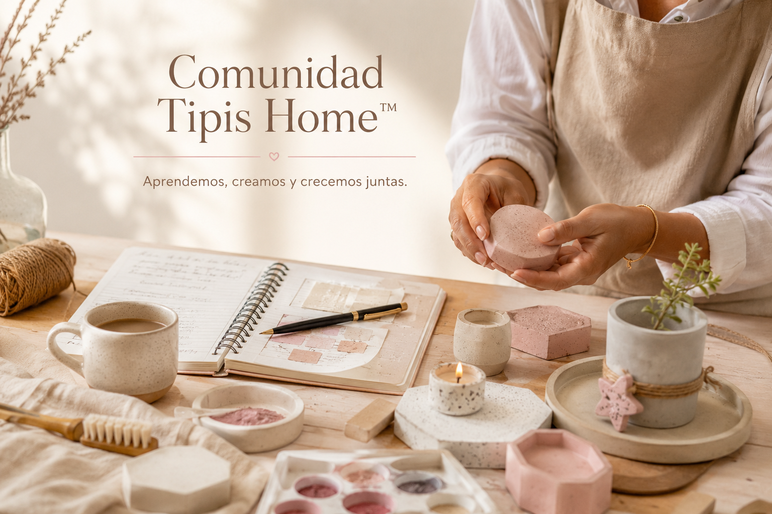 Comunidad Tipis Home — creadora trabajando con piezas de cemento blanco teñido