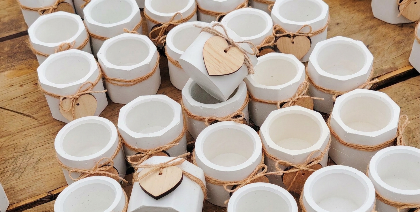 Piezas de cemento blanco teñido Tipis Home con detalle de corazón de madera y cordel natural